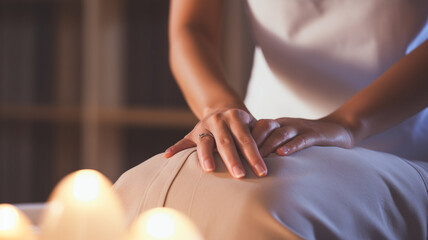 Women's hands make a massage back of young client on massage table, banner.
