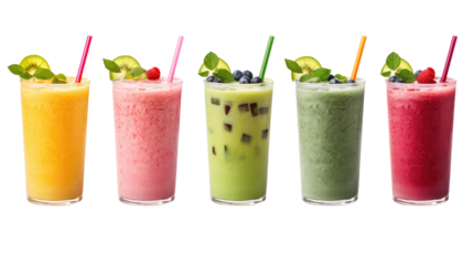 Set of classical fresh delicious smoothies decorated with fruits and berries isolated on transparent background. Vegan natural healthy drinks