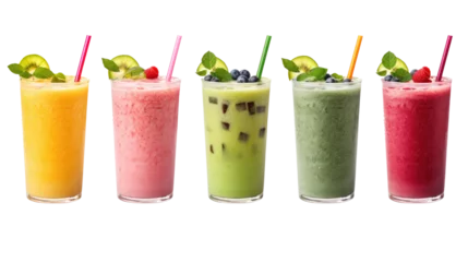 Rolgordijnen Set of classical fresh delicious smoothies decorated with fruits and berries isolated on transparent background. Vegan natural healthy drinks © YauheniyaA