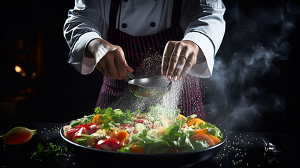 The chef with dolman adds salt to a steaming hot pan with vegetables and meat in a black background - obrazy, fototapety, plakaty