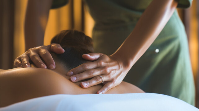 Women's Hands Make A Therapeutic Neck Massage For A Girl Lying On A Massage Couch In A Massage Spa With Dark Lighting. 