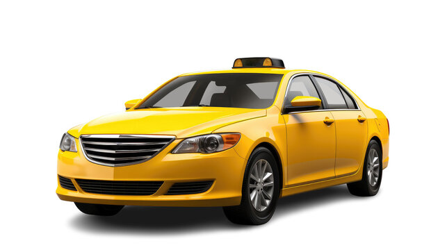Yellow taxi car with roof sign on transparent background