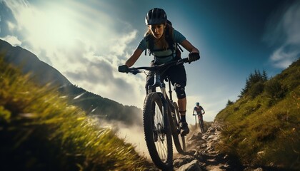 Trailblazer: Woman Mountain Biking Through Summer Forest Vistas. Generative ai