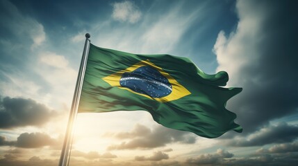Brazilian flag flying on a flagpole - obrazy, fototapety, plakaty