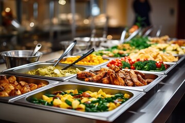 Catering buffet food on a long table in a hotel restaurant
