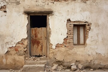 Dilapidated building wall and wooden door. Facade of a house with damaged plaster