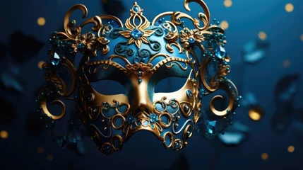 Tuinposter Festive Venetian carnival mask with gold decorations on dark blue background. © Lubos Chlubny