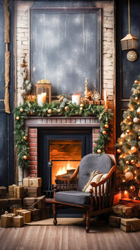 Vintage brick fireplace with Christmas decorations and blue lounge chair. Great for Christmas, New Year celebration backdrop, background, greeting card. Blue, green tones.