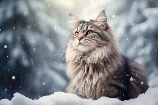 Fluffy cat in a winter landscape.