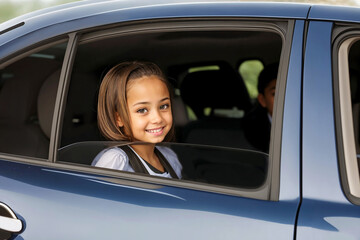 Smiling girl looking through open car window looking outside
