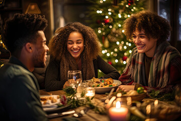 Obraz na płótnie Canvas Group of three friends or family celebrate Christmas dinner.