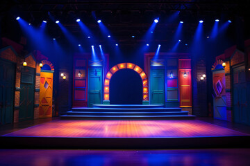 Theater stage light background with spotlight illuminated the stage for opera performance. Stage lighting. Empty stage with bright colors backdrop decoration. Entertainment show.