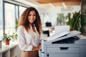 Office worker prints paper on multifunction laser printer. Document and paperwork concept. Secretary work. Smiling woman working in business office. Copy, print, scan, and fax machine. - obrazy, fototapety, plakaty