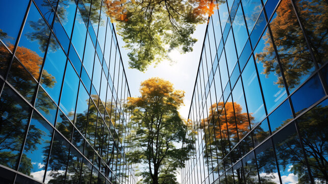 Eco-friendly building in the modern city. Sustainable glass office building with tree for reducing carbon dioxide. Office building with green environment. Corporate building reduce CO2. © Artinun