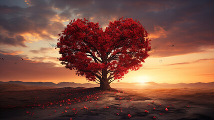Love for the Environment: A Tree with a Heart at Sunset - obrazy, fototapety, plakaty