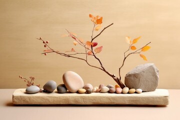 A painting of a tree branch with various types of stones ai generative