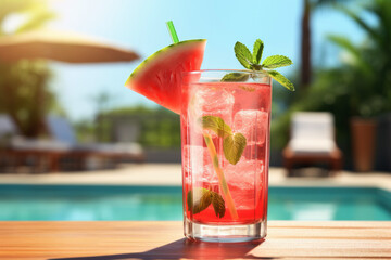A modern glass of watermelon mojito cocktail with ice behind a blurred swimming pool background ai generated