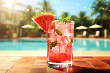 A modern glass of watermelon mojito cocktail with ice behind a blurred swimming pool background ai generated