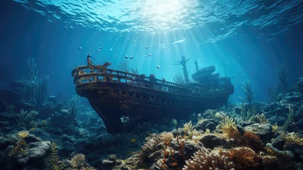Badezimmer Foto Rückwand Wreck of the ship with scuba diver © Virtual Art Studio