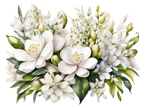 Branch of cherry blossom. watercolor white jasminum sambac flowers arrangement in bouquet. 