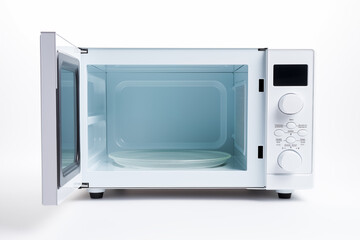 A white microwave oven with the door open and a glass tray inside.