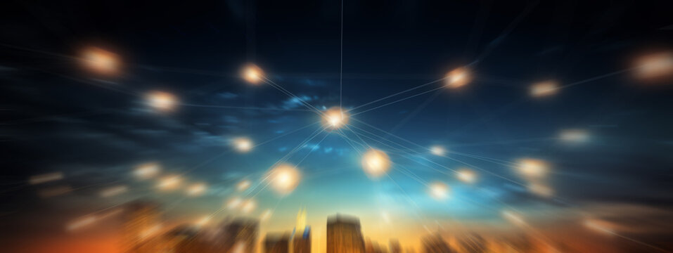 View of a crowd with a network of connections. Big data, smart city, internet and social networks, concept