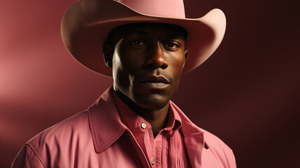 Man in a cowboy hat wearing pink clothes.