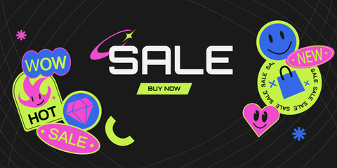 Y2k acid background with cartoon sticker. Bright neon promotion banner. Y2k Patches Collage. Banner for business, marketing and advertising.