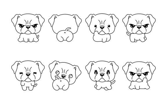 Set of Kawaii Isolated Boxer Puppy Coloring Page. Collection of Cute Vector Cartoon Animal Outline for Stickers, Baby Shower, Coloring Book, Prints for Clothes