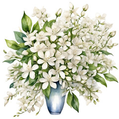 Bouquet of jasmin flowers in vase. Watercolor flowers for decoration. 