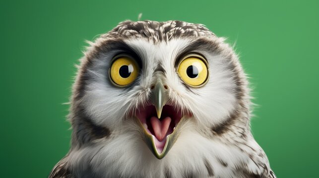 Studio portrait of surprised owl, isolated on light green background