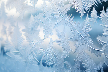 Frosty natural pattern on winter window glass. Abstract winter background ai generated art