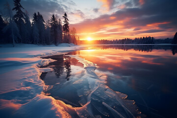 Beautiful winter landscape with frozen lake and snow-covered forest at sunset ai generated art
