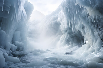 Icicles and stalactites in a frozen waterfall in winter ai generated art