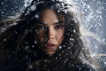 Beautiful young woman with curly hair in winter clothes. Snowfall. ai generated art