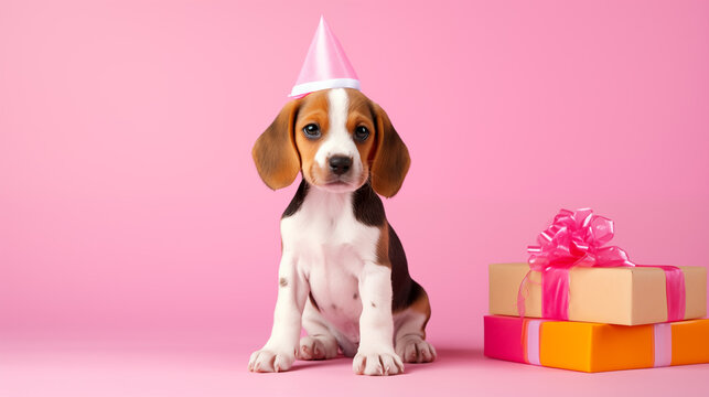 Cute Beagle Puppy With Birthday Hat And Gifts On Pink Background