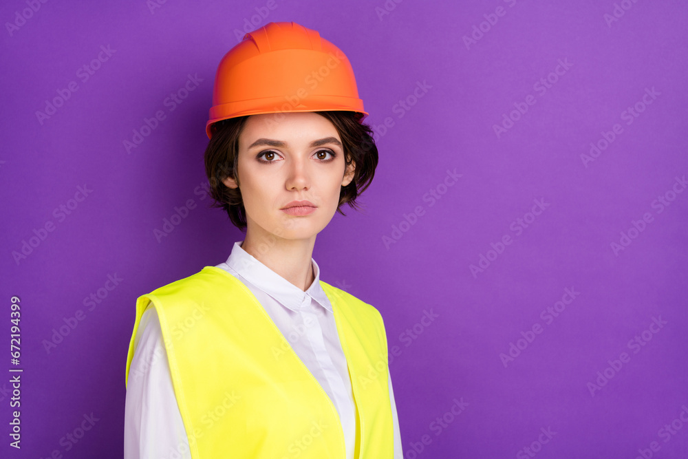 Poster Profile photo of serious nice brunette hair lady wear builder uniform isolated on vivid purple color background