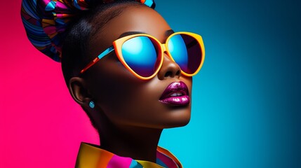 High fashion studio portrait of young african american woman with sunglasses.