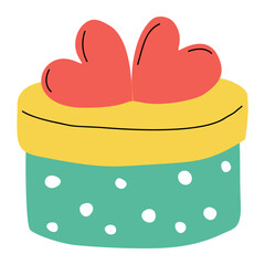 Hand drawn round gift box with hearts. Symbol of birthday, holiday, celebration. Bright decorative element. Color flat vector illustration isolated on a white background.