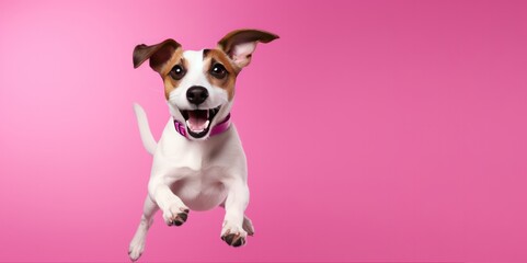 jack russel dog or puppy jumping on pink background studio portrait. Pet products store, vet clinic, grooming salon poster banner.