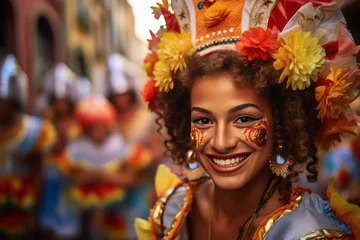 Rolgordijnen Canarische Eilanden woman at carnival parade in Canary Islands face closeup