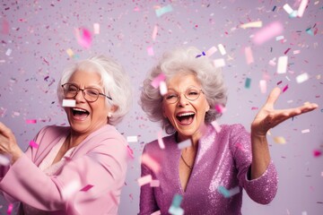 diverse happy two senior women celebrating New Year at party with confetti on pastel lilac background. Female couple. Birthday celebration.