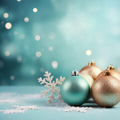 Christmas Card - Holiday baubles and decorative snowflakes on a turquoise pastel background - with...