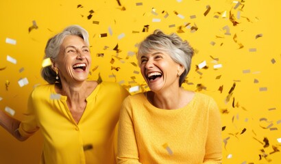 happy senior women celebrating New Year at party with confetti on yellow background. Female couple. Birthday celebration. 