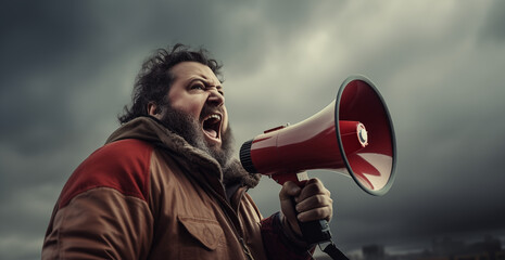 Angry Bearded Man in Winter Jacket Shouting into Red Megaphone. Man Doing Announcement On Megaphone. Protester, Protesting.