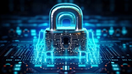 Cyber Security Lock Symbol with lines and triangles. Cyber Security Concept on a dark blue background. Cyber Security, notebook, keypad, hands typing, lock, data protection