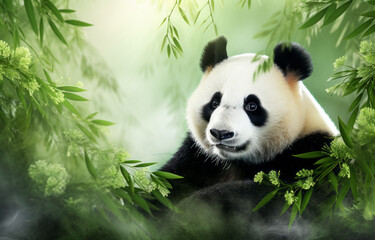 Giant panda sitting in bamboo forest. 3D render - obrazy, fototapety, plakaty