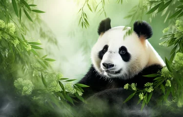 Gordijnen Giant panda sitting in bamboo forest. 3D render © thodonal