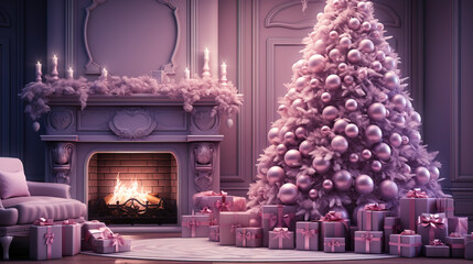 interior christmas colored in pink. magic glowing tree, fireplace and gifts