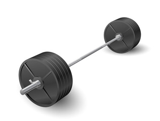 Beautiful realistic fitness front view of an olympic barbell with black iron plates on transparent background.
